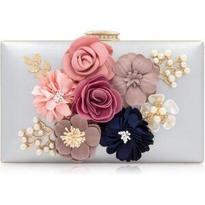 Women's Silver Flower Metal Leaves Evening Bride Wedding Floral Clutch Bag